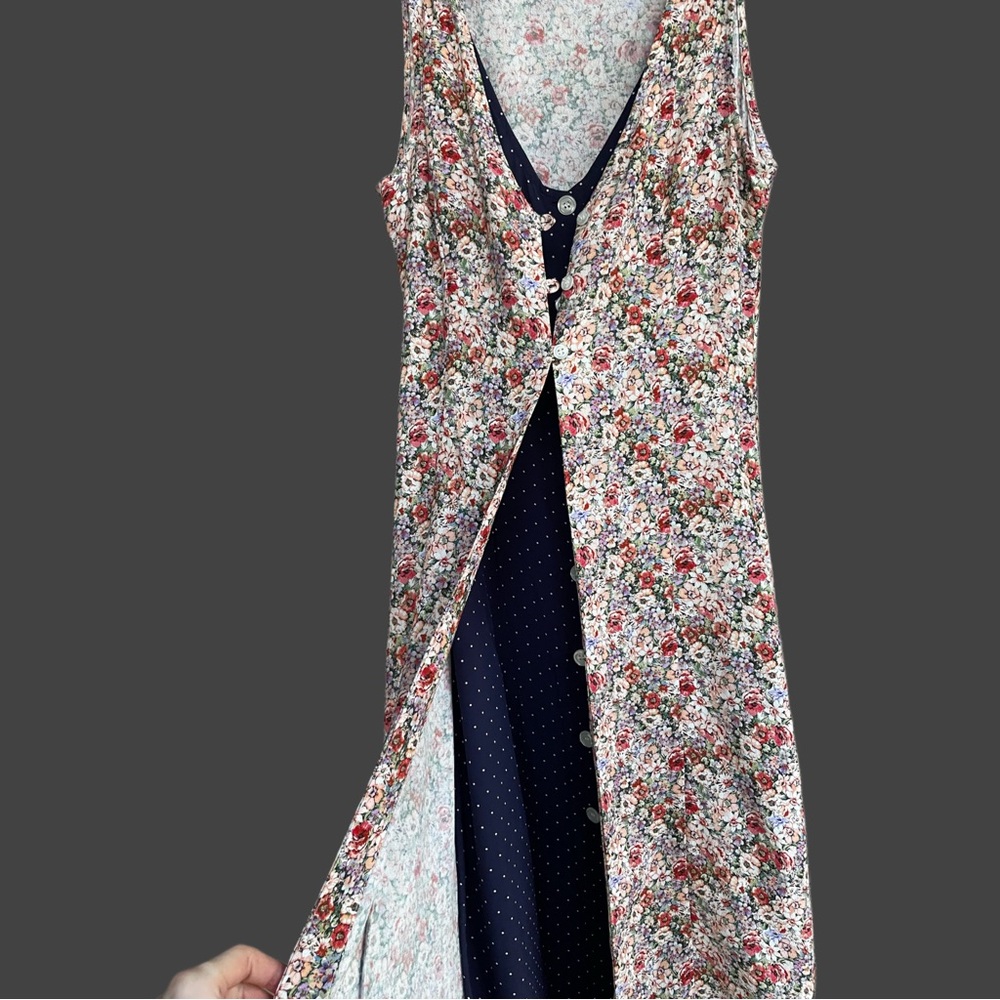 ROUJE Floral Navy Polka Dot Printed Layered Sleeveless Button Down Lorine Dress - Picture 5 of 14